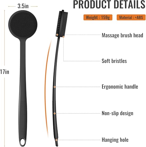 Silicone Back Scrubber for Shower, 17in Lengthen Long Handle Body Brush, Double Sided Shower Brush for Shower Exfoliating and Massage Can Produce Rich Foam, Long Handle Back Scrubber for Men - color: Black+gray