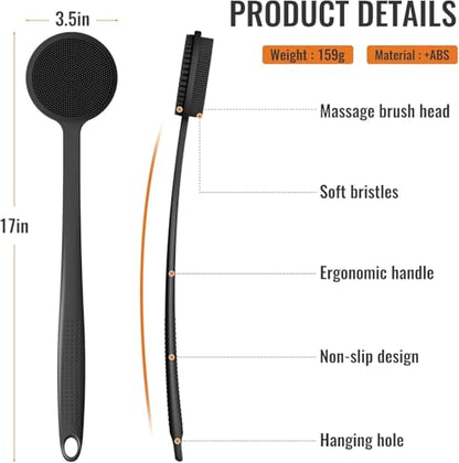 Silicone Back Scrubber for Shower, 17in Lengthen Long Handle Body Brush, Double Sided Shower Brush for Shower Exfoliating and Massage Can Produce Rich Foam, Long Handle Back Scrubber for Men - color: Black+gray