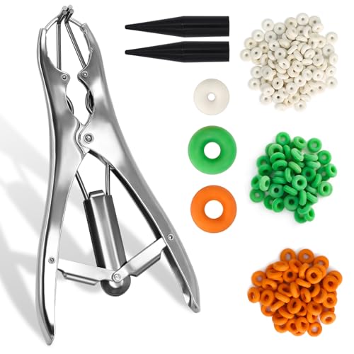 Goat Banding Kit, Stainless Steel Expander Tool 200pcs 3-Size Rubber Bands | Livestock Banding Kit with Expander Plier, Suitable for Goats Sheep Calves Hogs, Durable Humane Handling Tool Animal Care - color: silver, size: Small