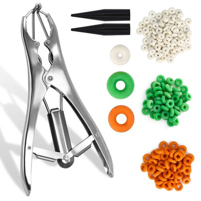 Goat Banding Kit, Stainless Steel Expander Tool 200pcs 3-Size Rubber Bands | Livestock Banding Kit with Expander Plier, Suitable for Goats Sheep Calves Hogs, Durable Humane Handling Tool Animal Care - color: silver, size: Small