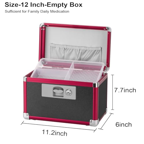 Medicine Lock Box with Key Lock - 12" Hard Case First Aid Safe Medication Storage with Removable Tray & Pockets for Pills, Home, Car & Outdoor - Black Red [with Strap] - size: Medium