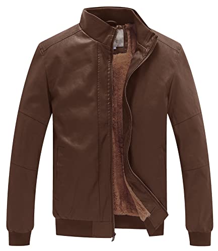 WenVen Men's Stand Collar Fleece Lined Faux Leather Jacket Warm Winter Coat | Bomber Outerwear - color: Field, size: Large