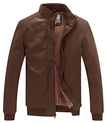 WenVen Men's Stand Collar Fleece Lined Faux Leather Jacket Warm Winter Coat | Bomber Outerwear - color: Field, size: Large