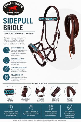 CHALLENGER Horse Western Leather Bitless Sidepull Bridle Split Reins 77RS25 - color: Brown/Turquoise