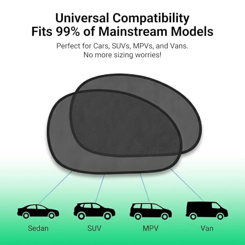 2 PCS Car Side Window Shades, Sun & Heat Blocking Shield for Baby, One-Way Gauze Mesh Privacy Protection Screen with Suction Cups, Universal Foldable Cover for Most Cars (Black)