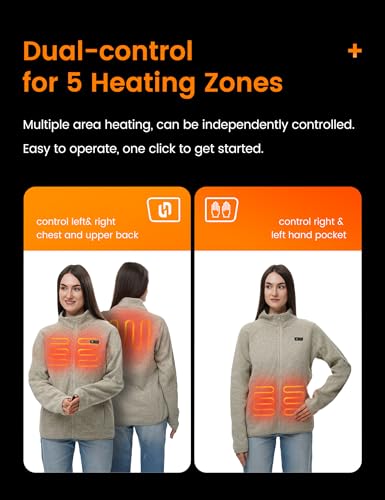 HENNCHEE Heated Fleece Jackets for Women with 12V 16000mAh Power Bank | Dual Control 5 Carbon Fiber Heating Zones Zip Up Heating Sweater, 3 Levels Heated Knitted Sweatshirt Coat - color: Grey, size: XX-Large