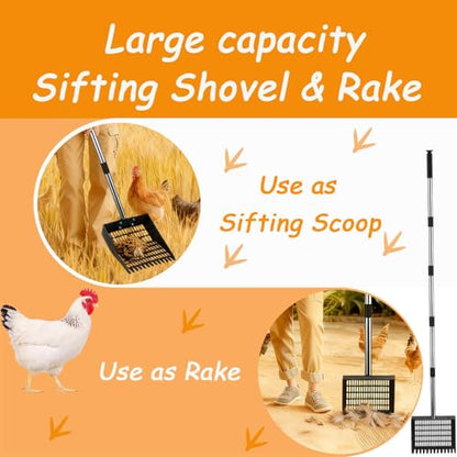 Adjustable Chicken Poop Scooper, 4-in-1 Sifting Litter Shovel for Chicken Coop, Adjustable Stainless Steel Handle Metal Chicken Poop Scooper Goat Stall, and Stable Cleaning (24 to 70 Inches)
