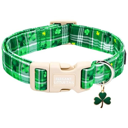 Elegant little tail St Patrick's Dog Collar - Green Plaid Cute Clover Cotton Shamrock Pet Collar Trefoil Adjustable Cotton Pet Collar with Quick Release Buckle for X-Small Dogs - color: Green Plaid, size: X-Small (Pack of 1)