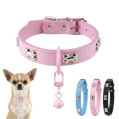 Adjustable PU Leather Dog Collar with Color Matched Bell,Pink M - color: pink, size: 10-13.5 Inch