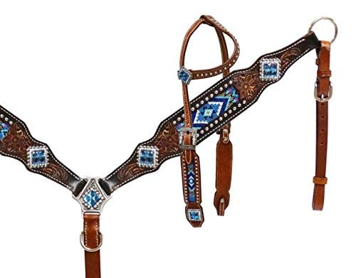 Showman Tooled Leather Headstall & Breast Collar Set w/Blue Beaded Inlays