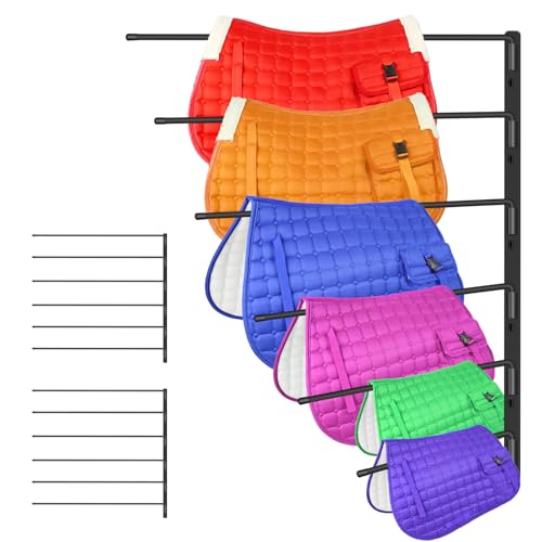 2 Pack Heavy Duty Saddle Pad Rack, Wall Mount Horse Blanket Holder | 180° Swing-Out Horse Blanket Rack with 6 Well-Spaced Arms, Wall-Mounted Saddle Pad Storage for Stable, Garage & Tack Room