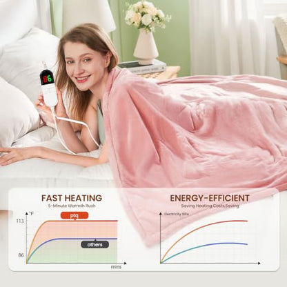 Electric Heated Blanket Throw 50"x60", 8 Heat leavls and 1-8H Auto Off | Fast Heating, Over-Heat Protection&ETL Certification, Soft Flannel Sherpa, Machine Washable, Suitable for Bed and Sofa - color: Pink, size: Throw-50" x 60"