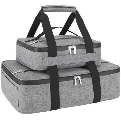 Insulated Casserole Carrier for Hot or Cold Food, Fits 8"-15" Baking Dish，Thermal Food Carrier Bag, Lasagna Lugger Tote for Potluck Parties/Picnic/Cookouts/Lunch, Grey，2 Pack