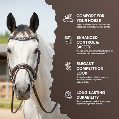 Equine Care English Horse Bridle with Reins, Padded, 6 Browband Styles | Hunter show bridles: classic fancy stitched or crystal browbands; padded crown, harness leather; bit not included - color: Havana Brown with Blue & Clear