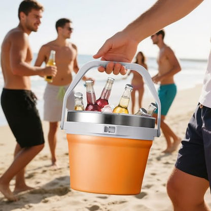 COKTIK 7L Vacuum Insulated Ice Bucket with Lid and Scoop& Tongs，Large capacity Stainless Steel Beverage Bucket for Cocktail, Champagne, Wine, Beer，Large Parties（Orange Suit） - color: Orange Suit
