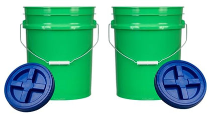 House Naturals 5 Gallon Green Food Grade BPA Free Made in USA Bucket Pail with Airtight Screw On Blue lid(Pack of 2)