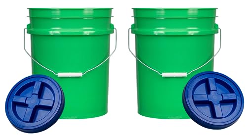 House Naturals 5 Gallon Green Food Grade BPA Free Made in USA Bucket Pail with Airtight Screw On Blue lid(Pack of 2)