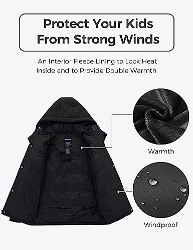 wantdo Boys Puffy Winter Coats Fleece-Lined Snow Jackets Removable Hood | Elastic Cuffs, Hook-and-Loop Collar, Windproof, Machine Washable - color: Black, size: 10-12