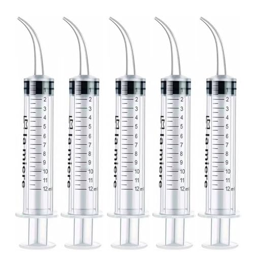 LA MIERE Wisdom Teeth Syringes, 5Packs 12cc Irrigation Dental Syringes with Measure Scale & Curved Tip for Dental Care Liquid Oral Tonsil Stone