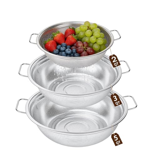Stainless Steel Colander Set of 3, 18/8 Food Grade Steel Kitchen Strainers, 2, 3 & 5 Quart Metal Pasta Strainers with Welded Handles, Non-Slip Feet, 2.5mm Precision Holes, Dishwasher Safe - color: Stainless Steel