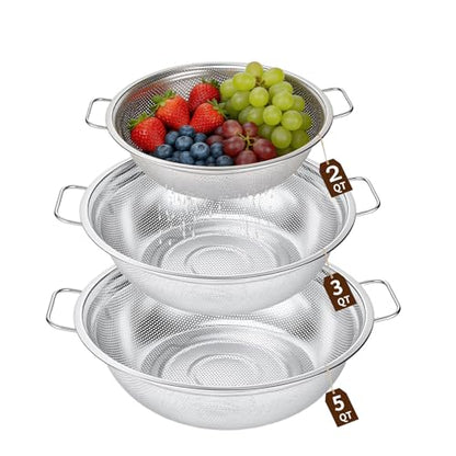 Stainless Steel Colander Set of 3, 18/8 Food Grade Steel Kitchen Strainers, 2, 3 & 5 Quart Metal Pasta Strainers with Welded Handles, Non-Slip Feet, 2.5mm Precision Holes, Dishwasher Safe - color: Stainless Steel