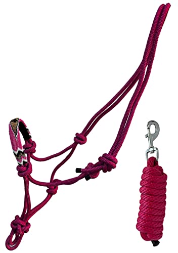 Nylon Horse Size Cowboy Knot Rope Halter with Beaded Cross Nose and Removable Lead - color: Pink