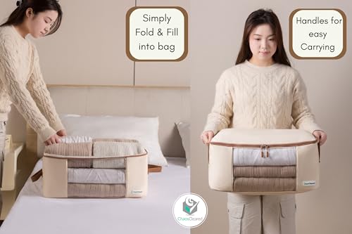 Chaos Cleared Canvas Storage Bags Designer Organizer for Clothing 2 Pack – Clothes Organizers for sweaters, clothing, garment, bedding, quilt, linens, large bag with zip & window, mothproof - size: Clothing Bag 2 Pack