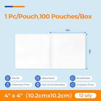 100 Pack Sterile Gauze Pads 4x4 Inch 12-Ply, 100% Cotton Large Gauze Sponges for Wound Care, Highly Absorbent Bulk Hospital-Grade First Aid & Surgical Dressing - size: 4"x4"(Pack of 100)