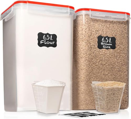 WHITE FEATHER SUPPLIES 2 PC [7 Qt / 6.5L / 220 Oz] Large Food Storage Containers with Lids Airtight - BPA Free Clear Plastic Kitchen and Pantry Storage Containers for Cereal, Flour, Sugar, Rice - color: Red - 2 Pack