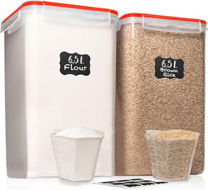 WHITE FEATHER SUPPLIES 2 PC [7 Qt / 6.5L / 220 Oz] Large Food Storage Containers with Lids Airtight - BPA Free Clear Plastic Kitchen and Pantry Storage Containers for Cereal, Flour, Sugar, Rice - color: Red - 2 Pack