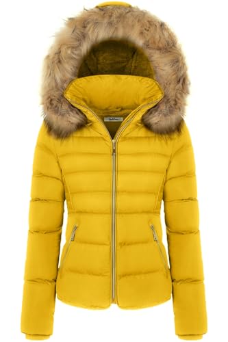 BodiLove Women's Fur Hooded Thickened Jacket with Fleece Lining - color: Sunflower, size: Medium