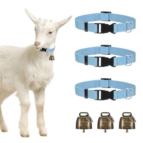 Generic 3-Pack Goat Collars with Bells, 13.8"-20.5" Polyester Adjustable Pet Collar with Anti-Lost Grazing Copper Bell for Small Farm Animal/Sheep/Cow/Goat [Blue]
