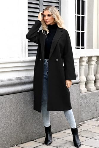 SAUKOLE Womens Winter Pea Coat Notch Lapel Double Breasted Wool Blend Oversized Overcoat with Pockets - color: 12#black, size: Medium