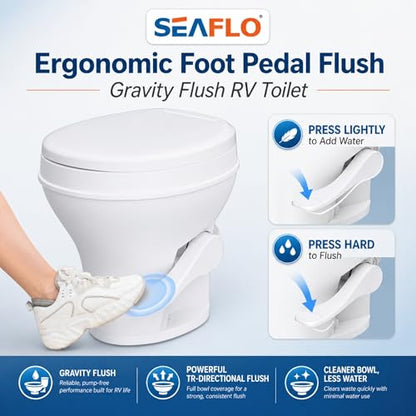 SEAFLO RV Toilet – 18.4" Residential Height, Gravity Flush Foot Pedal, 4-Year Warranty, Fits Most RVs (9.5" Rough-In), Soft Close Seat, 2-Bolt Mount, for Camper Travel Trailer Motorhome SFRTPH-01-01 - color: White