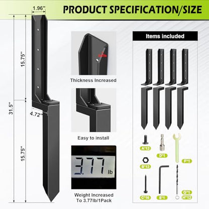 4 Pcs Fence Post Repair Kit, Heavy Duty Fence Post Anchor Ground Stakes for Repair Tilted, Broken Wood Support - style: 4 pcs Standard Edition