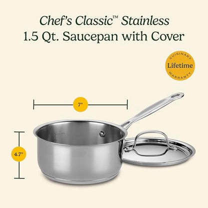 Cuisinart 1.5 Quart Sauce Pan with Cover, Stainless Steel Pot with Lid, Small Kitchen Pots, Dishwasher Safe, Compatible with Induction, Electric, Gas Cooktops, Oven Safe Saucepan, Cool Grip Handles | Stainless steel saucepan with aluminum encapsulated bas