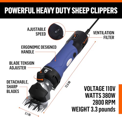 Sheep Shears Electric Clippers 2500RPM, 6-Speed Control - Heavy Duty Livestock Grooming Kit for Sheep, Goats, Alpacas, Llamas - Case, Low Vibration, 18.3ft Cord (1 Blade Included) - size: 1 Blade Included