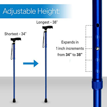 RMS Folding Cane, Adjustable, Lightweight Offset Walking Cane | Aluminum Collapsible Walking Stick with Ergonomic Derby Handle, cane folds for travel and storage - color: Blue