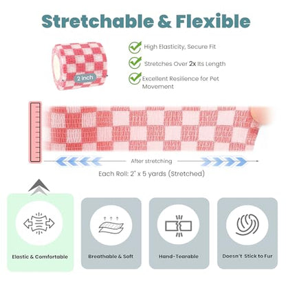 MEDUWEDU Pet Bandage 6 Rolls, Adhesive Bandage, Self Adhesive Bandage, First Aid Adhesive Gauze, for Horses, Dogs,Cats, Birds, Animals (Checkered, 2 Inch (Pack of 6)) - color: Checkered