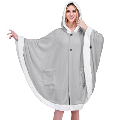 PAVILIA Hooded Blanket Poncho Fleece Wearable Shawl Wrap Throw, Light Grey | Fleece Shawl Wrap with Hood, Adult Wearable Blanket, Cozy Warm Poncho Cape Throw with Pockets, Gift for Elderly Mom - color: Light Grey