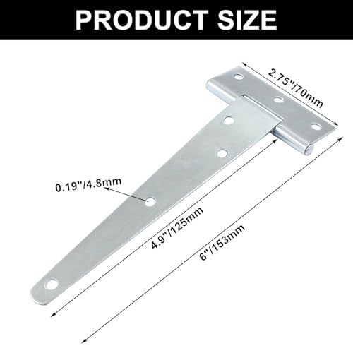 Murtenze 6-Pack 6 Inch Silver T-Strap Shed Hinge - color: Silver, size: 6 Inch - 6Pack