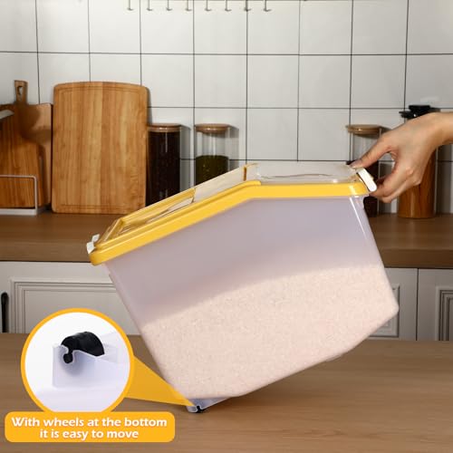 Sunnyray 4 Pcs Rice Storage Container Bulk 27.6 lb Airtight Flour Container with Wheels and Lids Measuring Cup Clear Pet Food Dog Birds Cat Food Bin Grain Cereal Organizer Box(Yellow) - color: Yellow