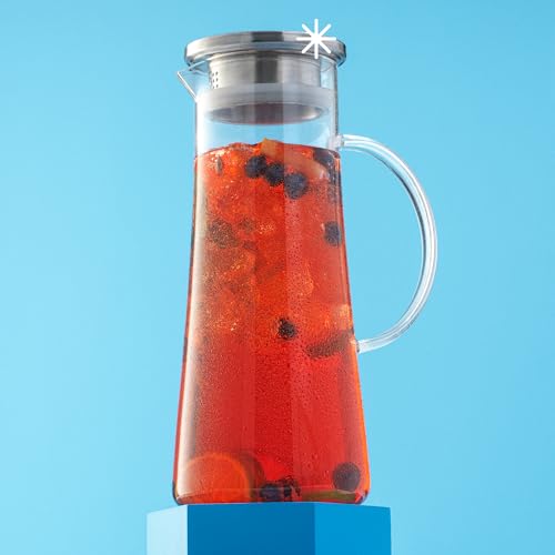 JoyJolt Glass Pitcher with Lid - 50oz Borosilicate Water Carafe, Jug with Stainless Steel Lid for Iced Tea, Lemonade, Juice, Mixed Drinks - size: 50 Ounces