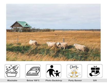 8x8ft Fabric Rural Grassland Sheep Backdrop Four Fluffy Wool Lamb Dark Wooden Cabin Overcast Sky Photography Background Tapestry Party Farm Country Decorations Photo Booth Props - size: 8x8ft