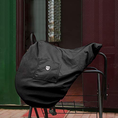 Harrison Howard Premium English Saddle Cover, Waterproof & Breathable Fleece-Lined Protective Saddle Cover - color: Mars Black, size: GP/CC-One Size