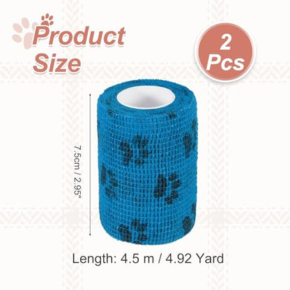 Pet Wrap Bandages, 3 Inch 5 Yard Self Adhesive Bandage Wrap, Pet Non-Woven Tape First Aid Cohesive Gauze, (Light Blue/Paw, 2 Pcs), Intended for Dog/Cat/Bird/Legs/Paws/Wound - color: Light Blue, size: 3 inch