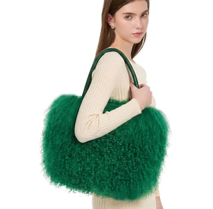 Women Luxury Real Curly Mongolian Lamb Fur Purse - color: Green