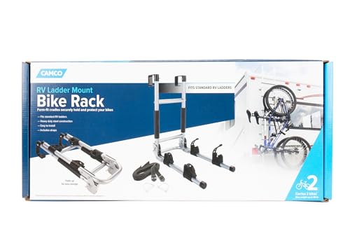 Camco RV Ladder Mount Bike Rack - Easily Holds 2 Bikes & Folds for Convenient RV Storage - Max Weight Capacity of 60 lbs - Designed w/Heavy Duty Steel (51492)