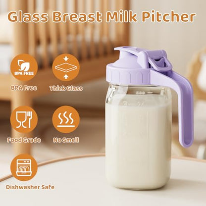 32 oz Breast Milk Pitcher, Glass Mason Jar Pitcher with Lid - color: Purple, size: 32 Ounces