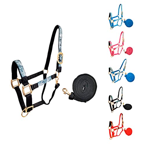 Patterned Nylon Adjustable Horse Halters with Padded Noseband and Matching 10’ Soft Grip Lead Rope with one Year Warranty - color: Paisley and Charcoal